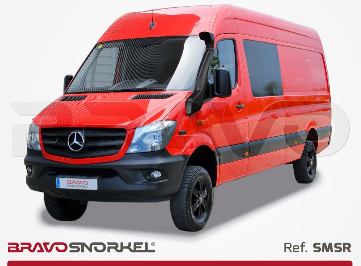 Red Mercedes-Benz Sprinter W906 showing a Bravo SMSR snorkel mounted along the left front wing and windscreen pillar