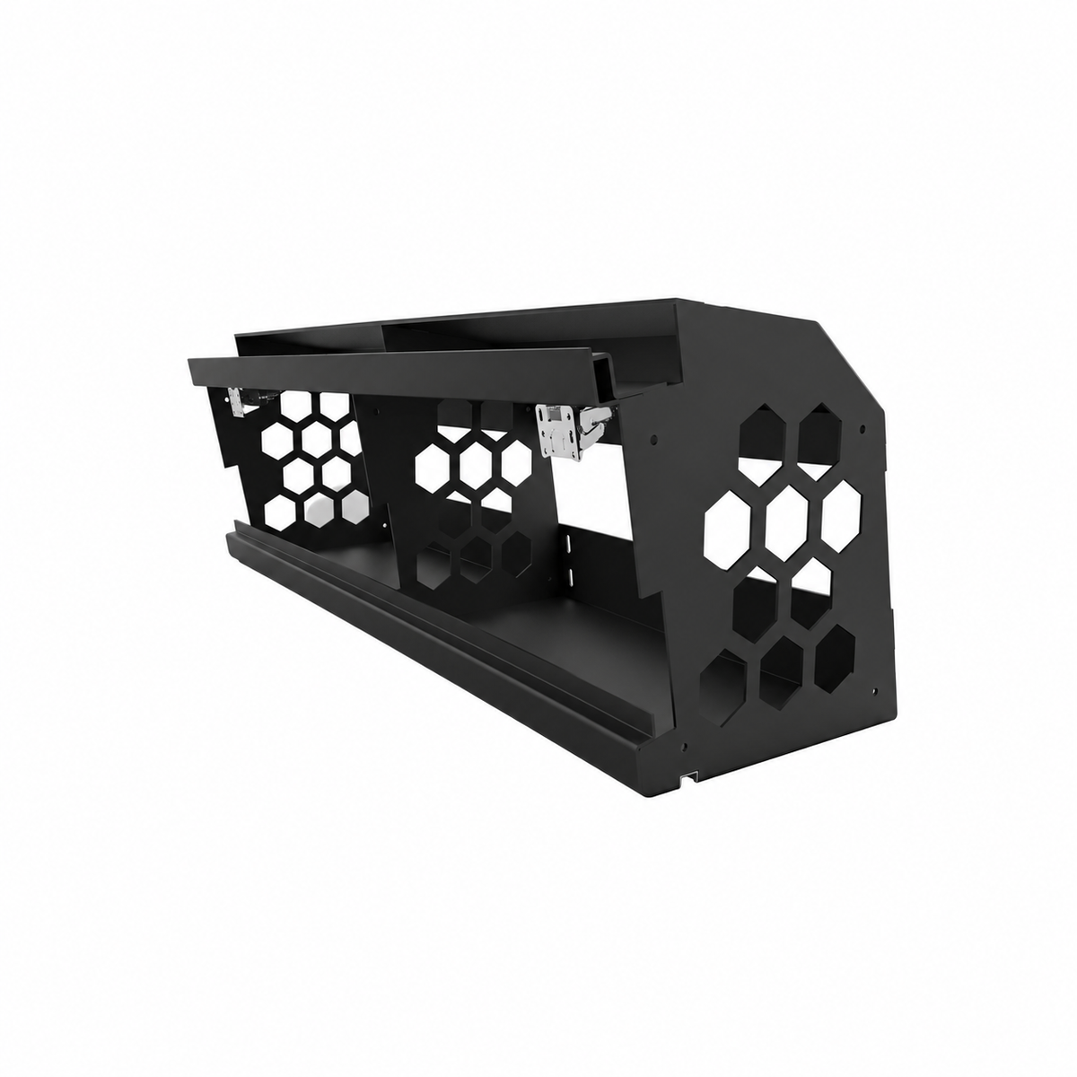 Black campervan overhead locker frame with two compartments, exposed hinges and hexagonal end panels