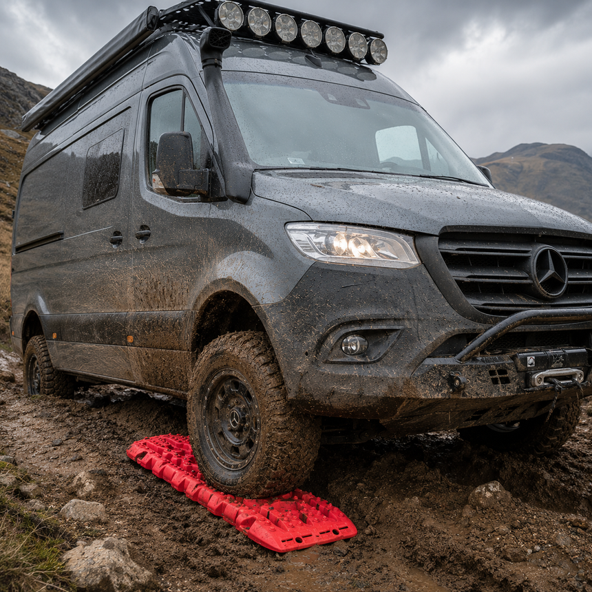 Overland Sprinter using recovery track off road