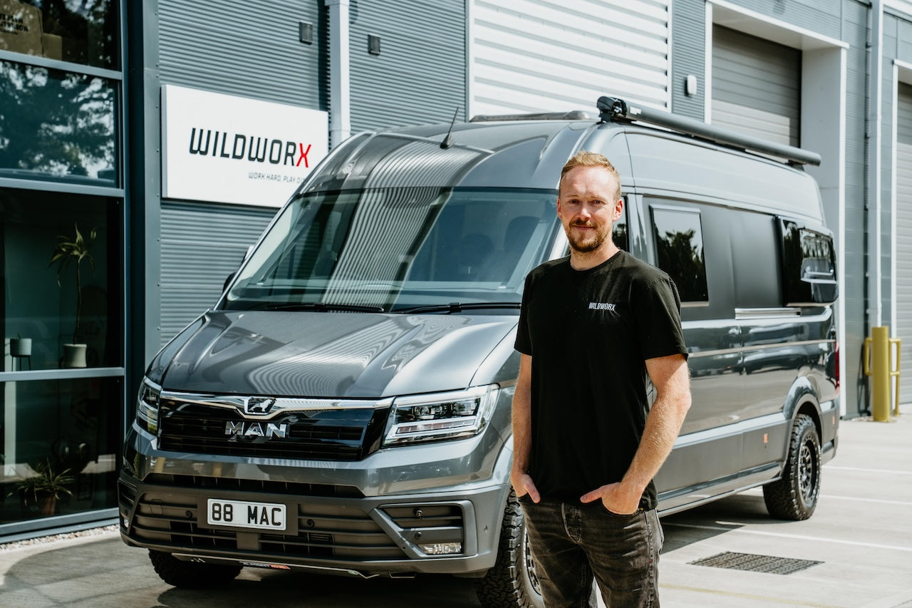 MAN TGE Campervan in front of Wildworx Play Dirty HQ