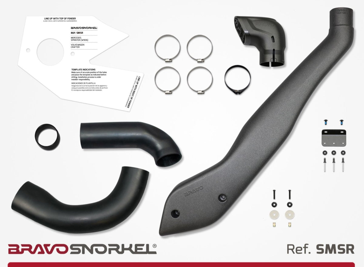 Bravo SMSR snorkel kit components laid out, including intake head, connecting ducts, wing template, clamps, mounting bracket and fixings