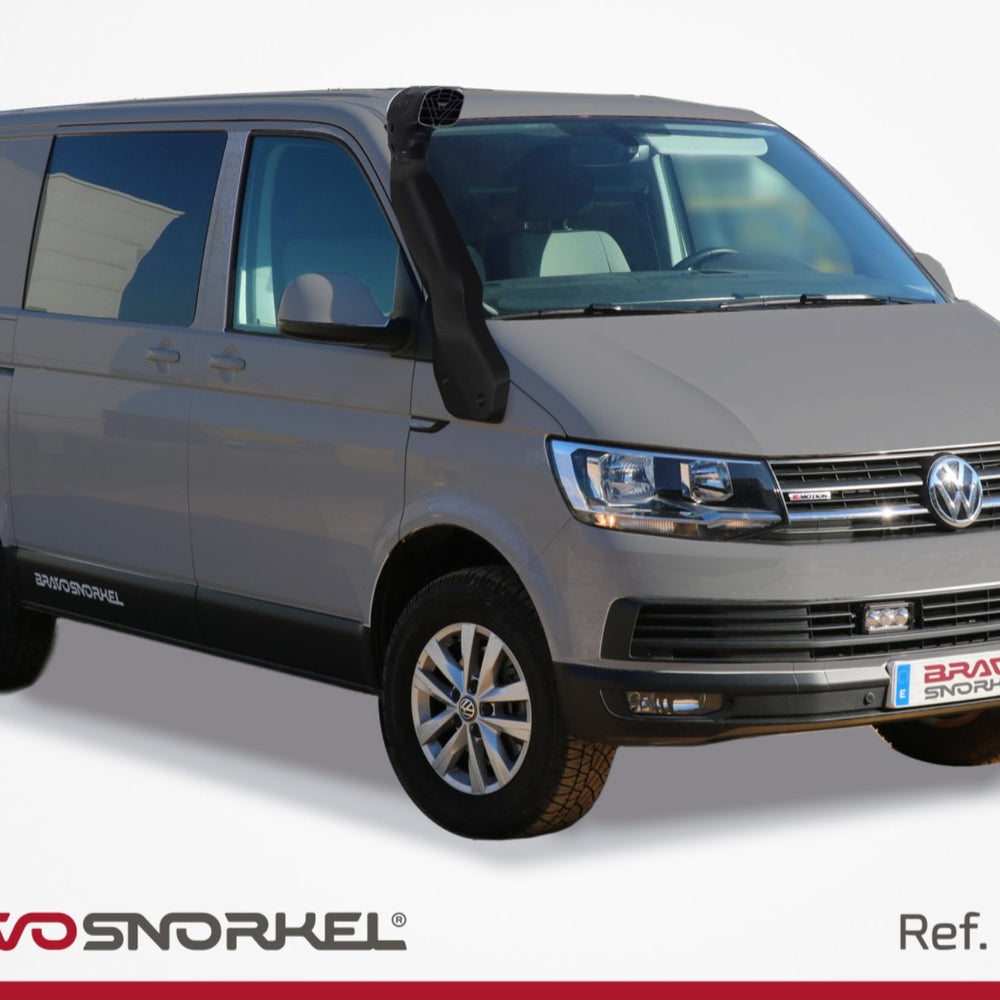 Grey Volkswagen Transporter T6 showing a Bravo SVT6 snorkel mounted along the front wing and windscreen pillar