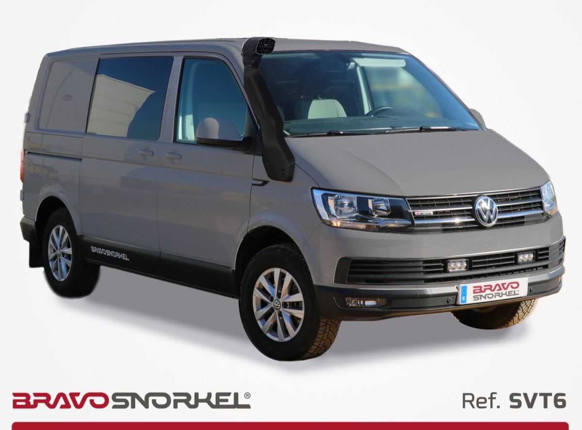 Grey Volkswagen Transporter T6 showing a Bravo SVT6 snorkel mounted along the front wing and windscreen pillar
