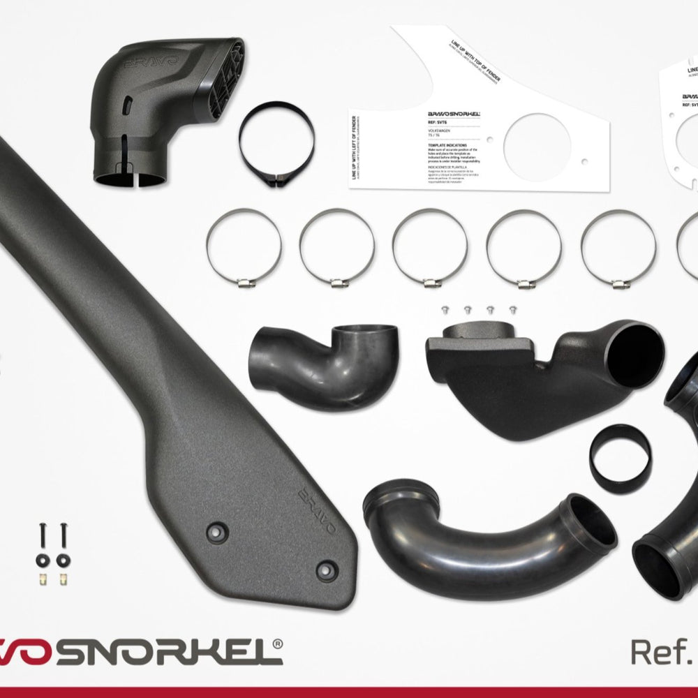 Bravo SVT6 snorkel kit laid out with intake head, connecting ducts, cutting templates, hose clamps, mounting bracket and fixings