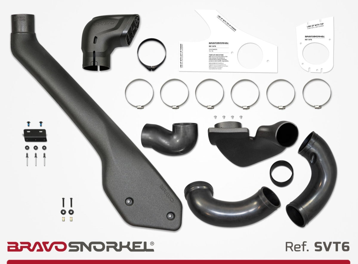 Bravo SVT6 snorkel kit laid out with intake head, connecting ducts, cutting templates, hose clamps, mounting bracket and fixings