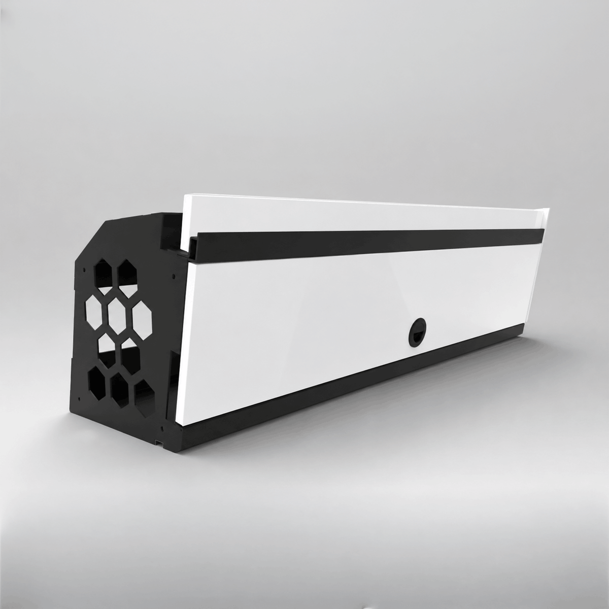 Campervan overhead locker with a closed white door, black frame and recessed round handle