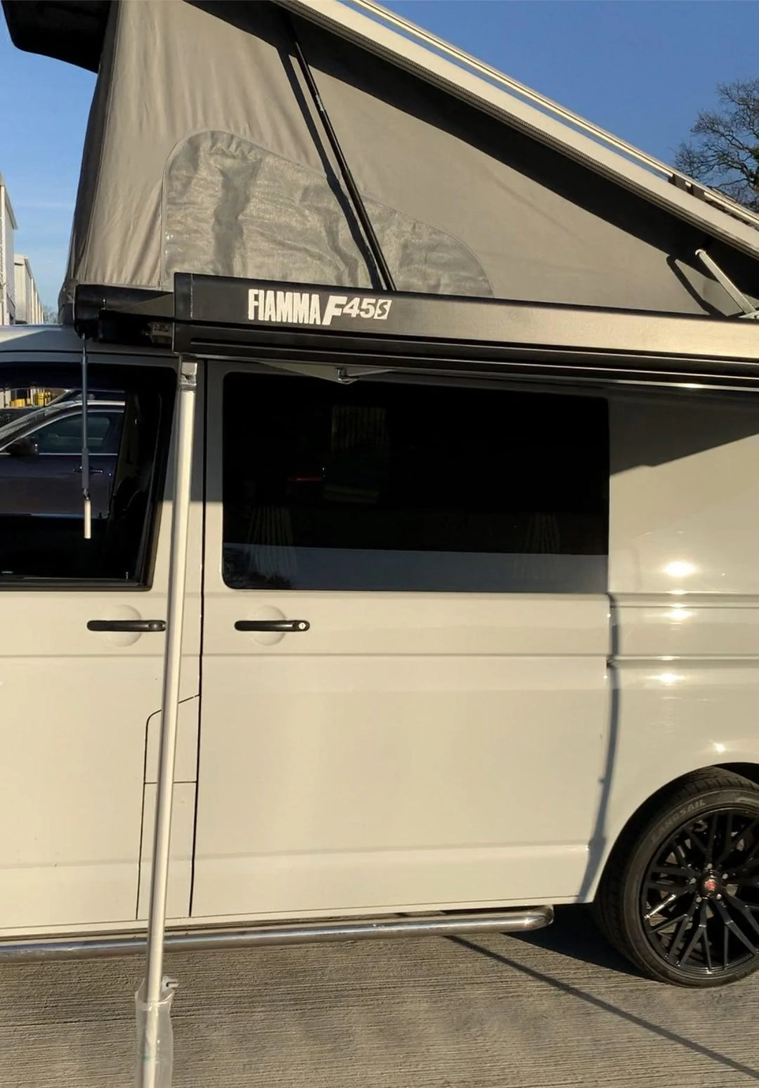 Fiamma F45S 230 Awning - Polar White with Royal Blue Fabric