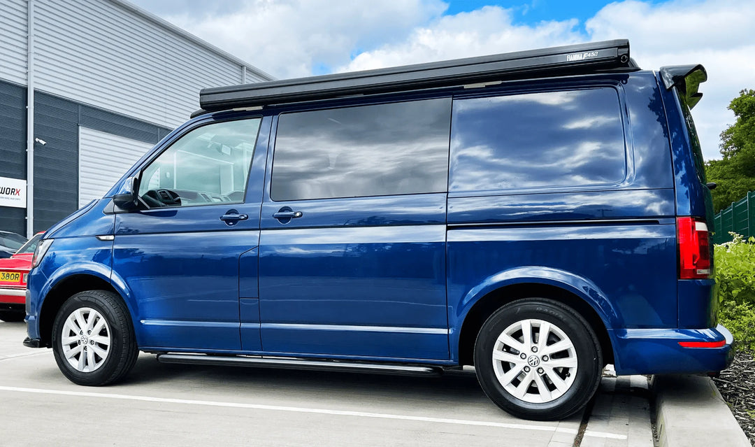 Fiamma F45S 230 Awning - Polar White with Royal Blue Fabric