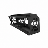 Black campervan overhead locker frame with two compartments, exposed hinges and hexagonal end panels