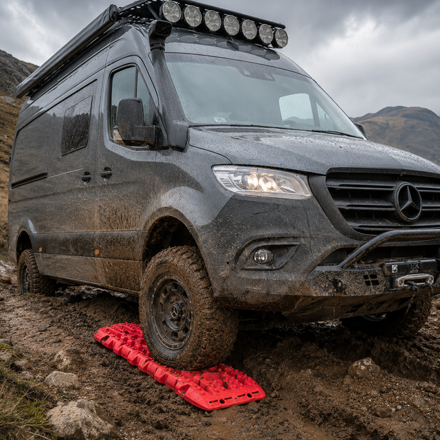 Overland Sprinter using recovery track off road